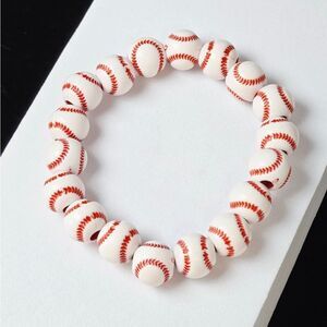 Baseball Beaded Bracelet White Red Stitch Acrylic Stretch Sports Bracelet Gift